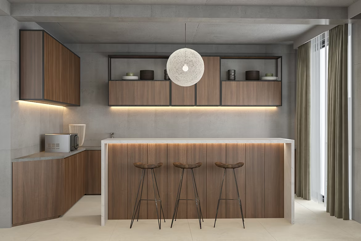 Cocina integral moderna con gabinetes de madera y barra